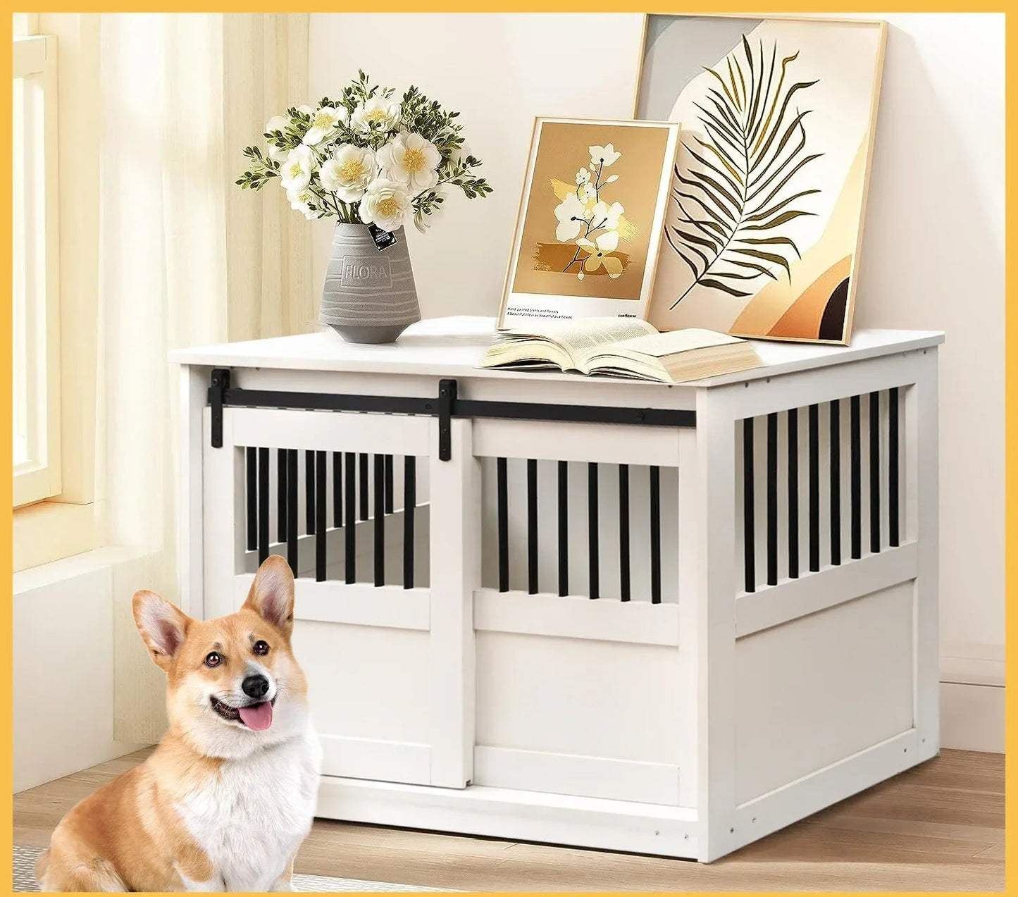 Large Dog Crate with Barn Door and Metal Bars