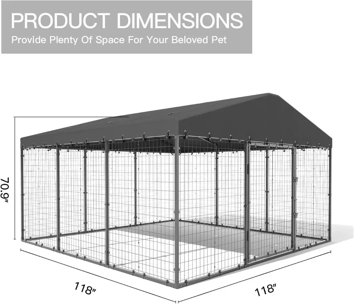 Large Outdoor Dog Kennel, 118" x 118" x 70" - Rustproof Metal Enclosure with UV & Waterproof Roof