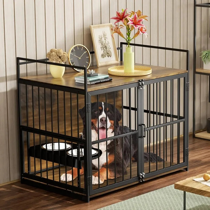 Heavy Duty Dog Crate Furniture for Large Dogs with Stainless Steel Bowls