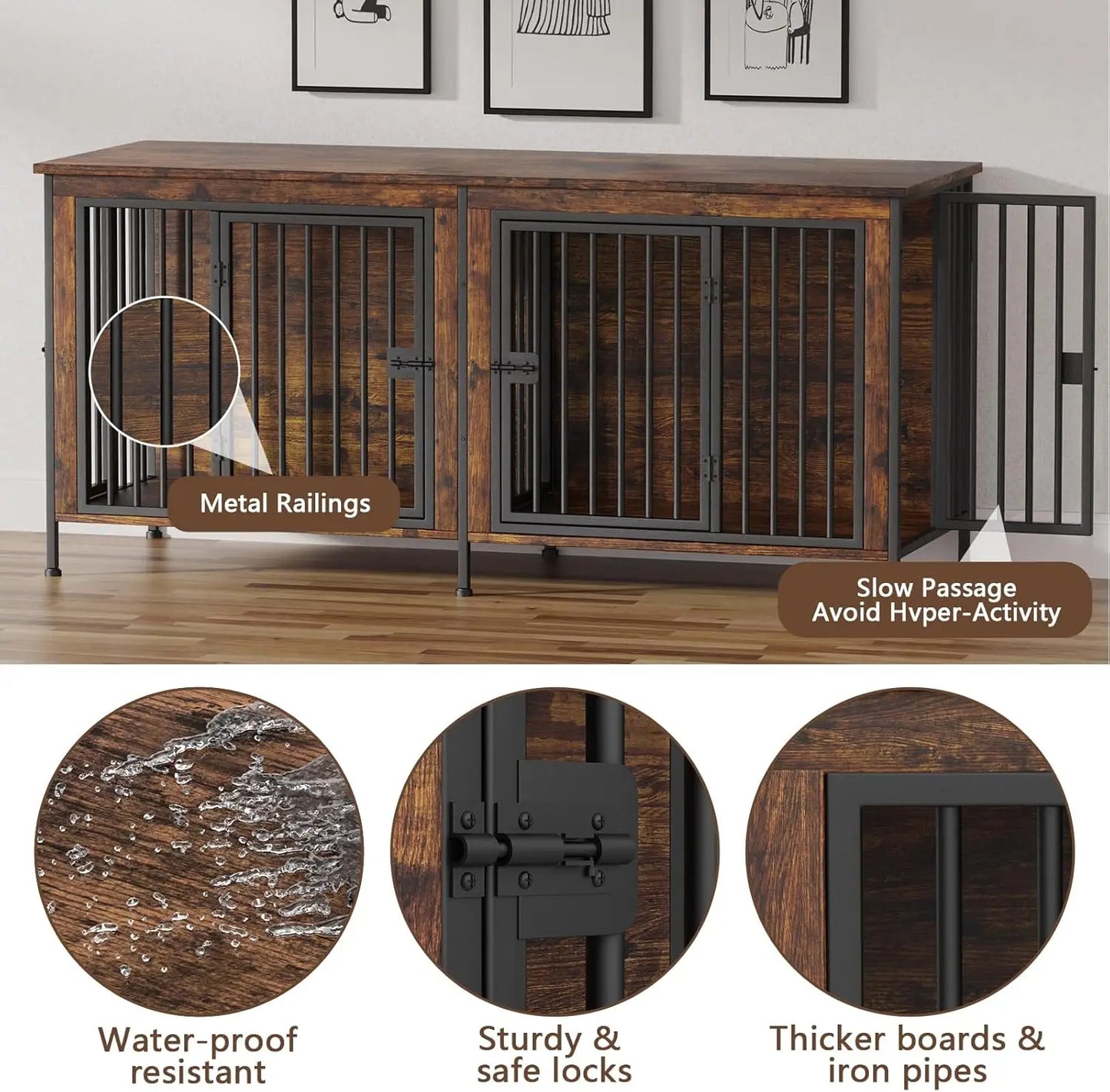 Extra Large Wooden & Iron Dog Crate TV Stand for 2 Dogs