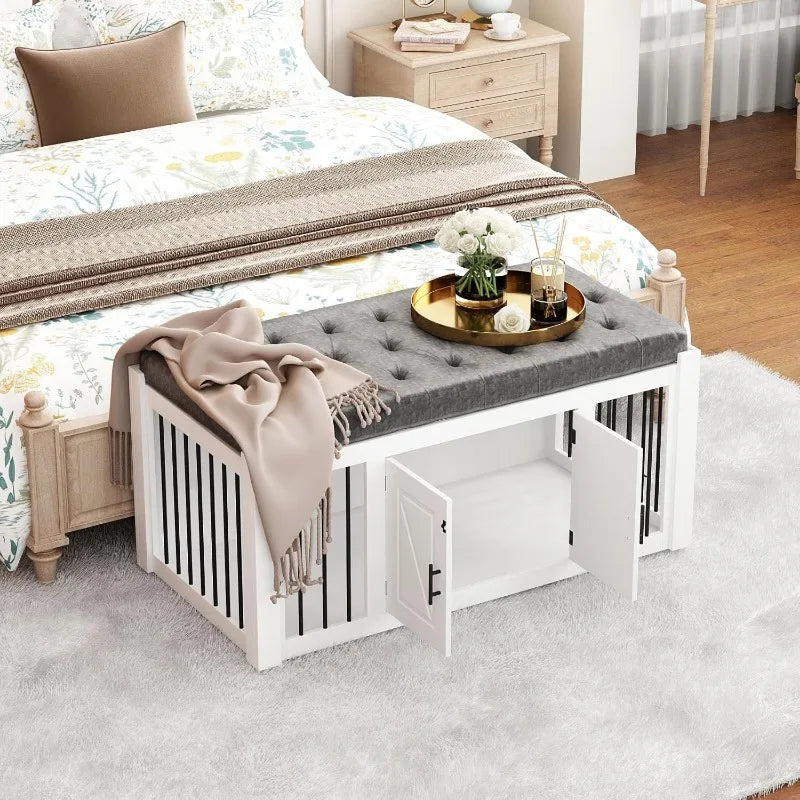 White Dog Crate Furniture for Large Dogs with Cushion