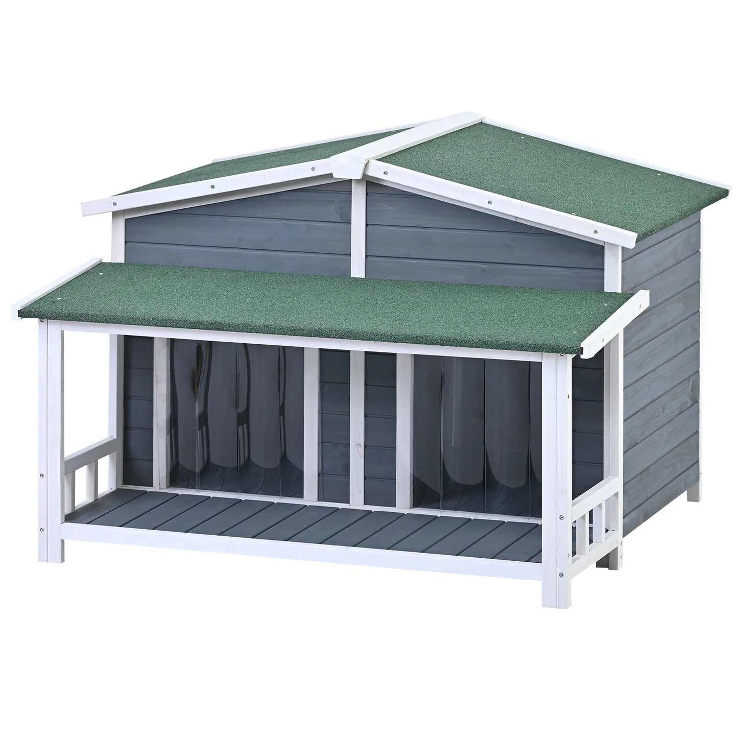 47" Wooden Dog House with Porch, Gray & Green