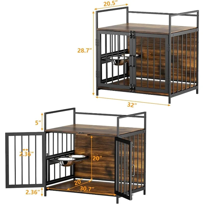 Heavy Duty Dog Crate Furniture for Large Dogs with Stainless Steel Bowls