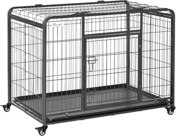 Heavy-Duty Folding Metal Dog Crate with Tray & Wheels, 43