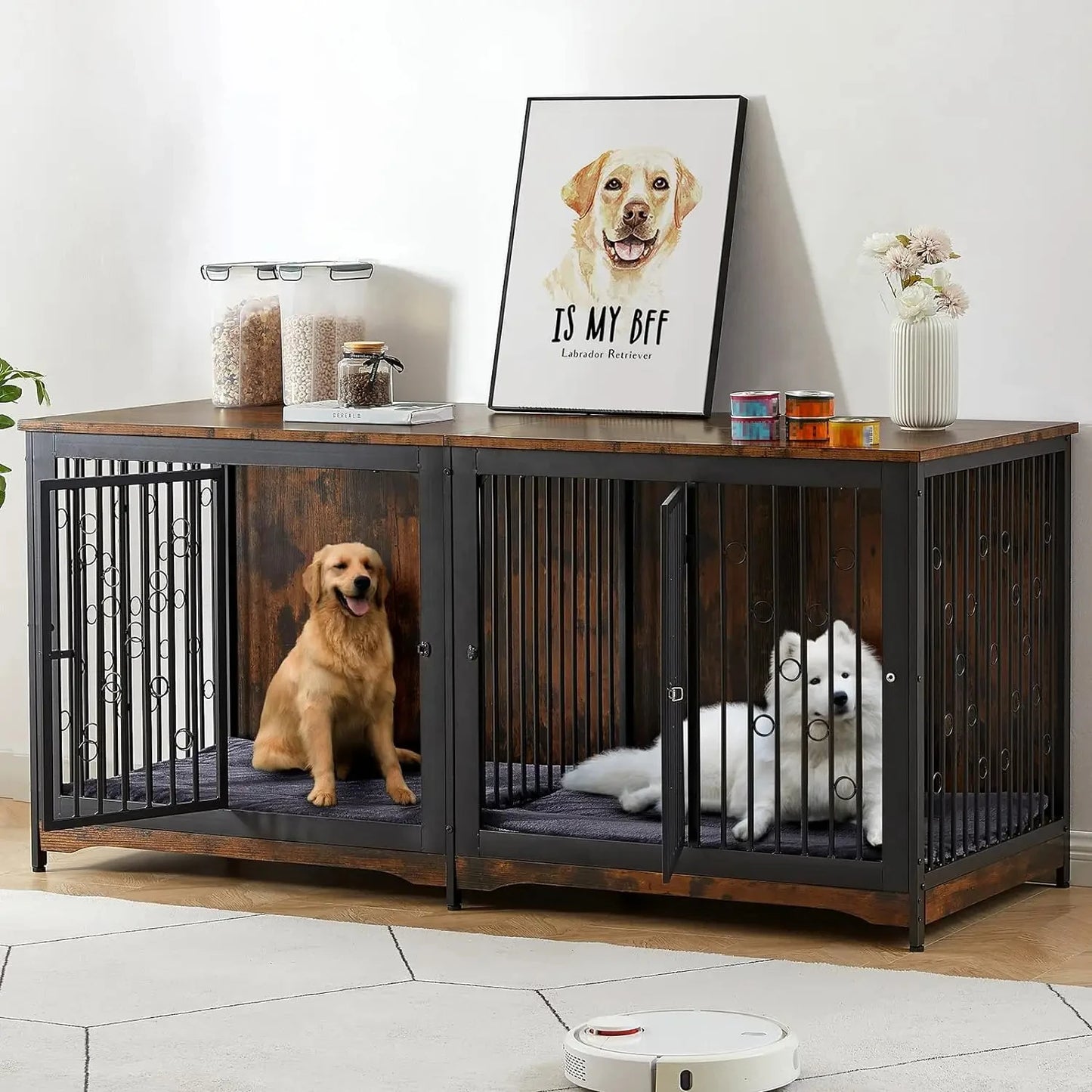 Extra Large Wooden & Iron Dog Crate TV Stand for 2 Dogs