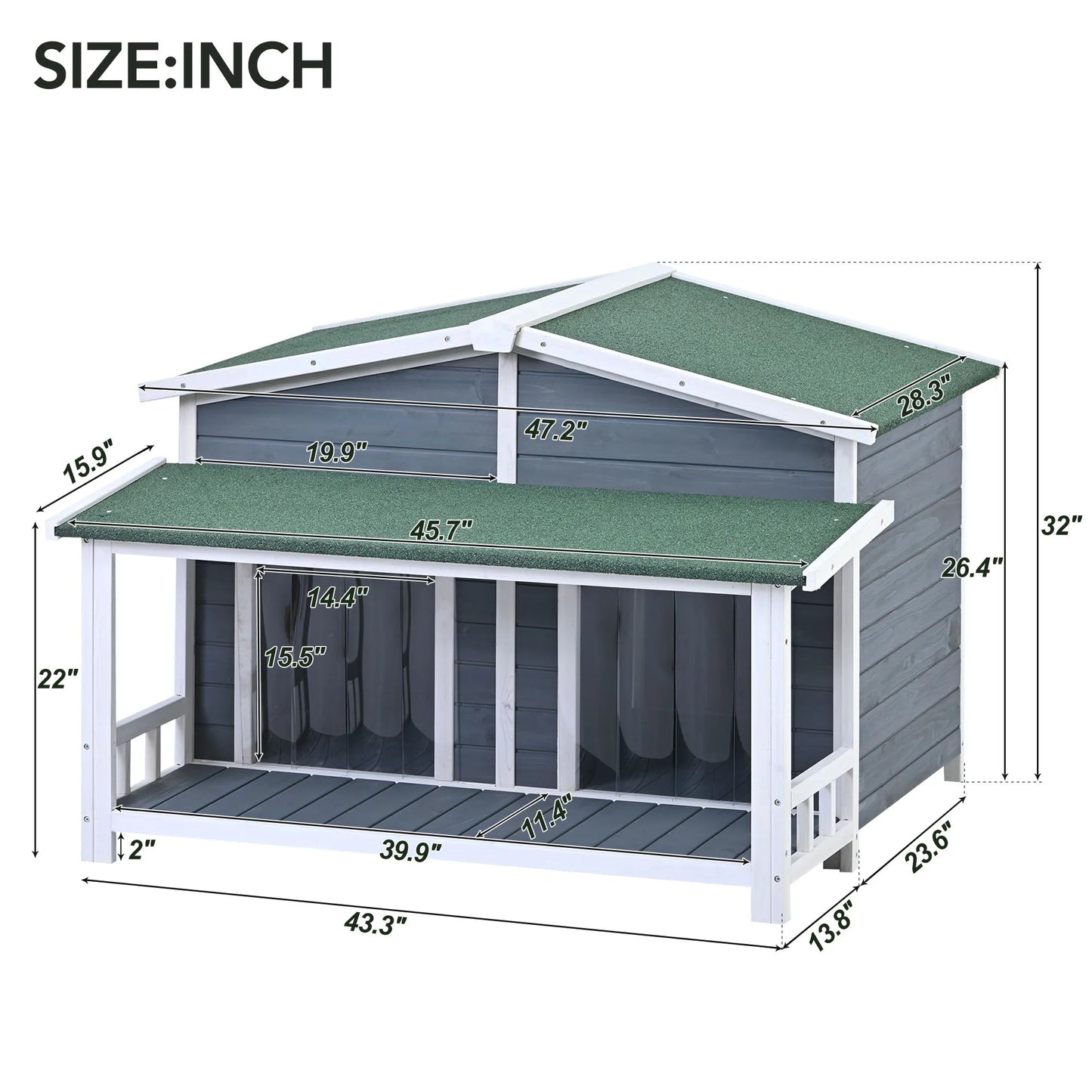 47" Wooden Dog House with Porch, Gray & Green