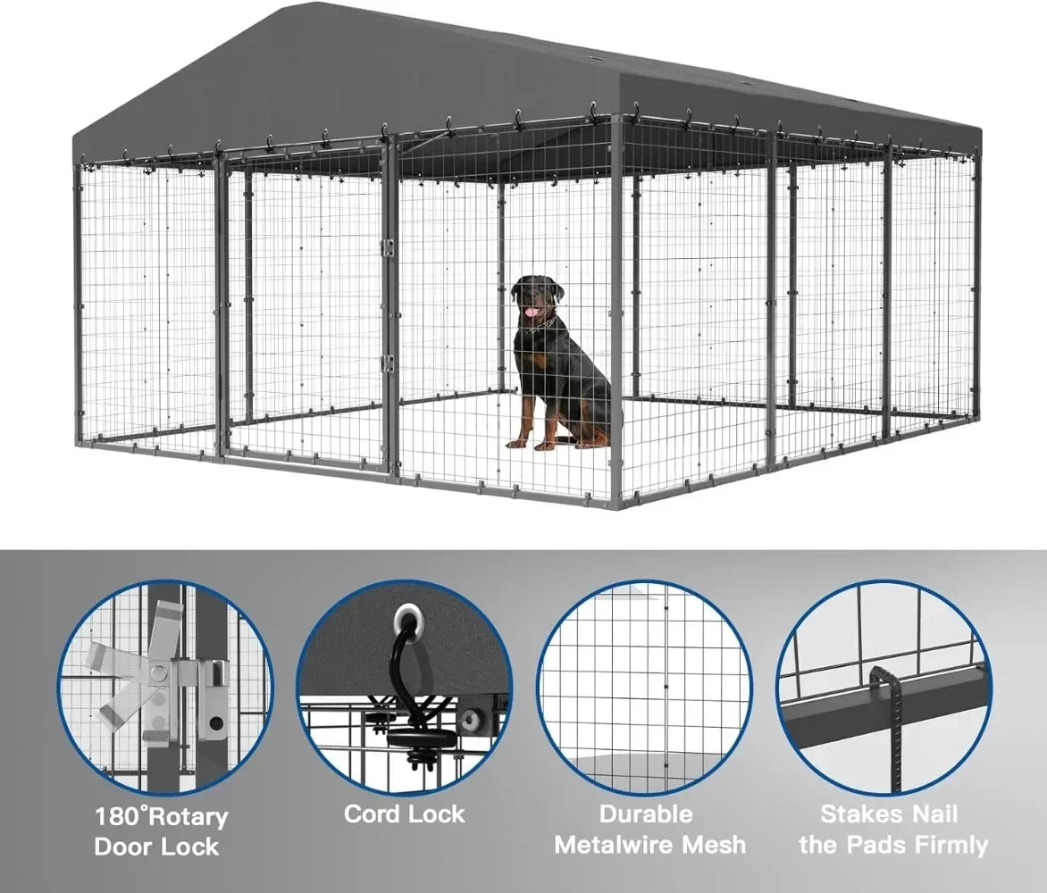 Large Outdoor Dog Kennel, 118" x 118" x 70" - Rustproof Metal Enclosure with UV & Waterproof Roof