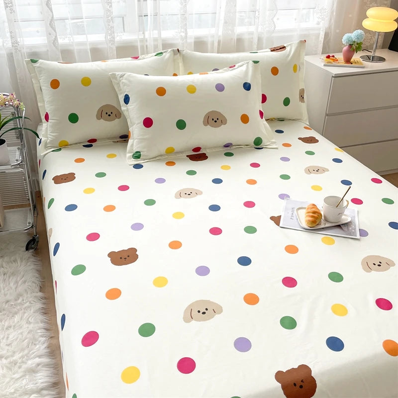 Cartoon Dog Flat Sheet Twin Queen Kawaii Bulldog Puppy Bed Sheet Set 100% Cotton Stripe Paw Print Bed Cover with 2 Pillowcase