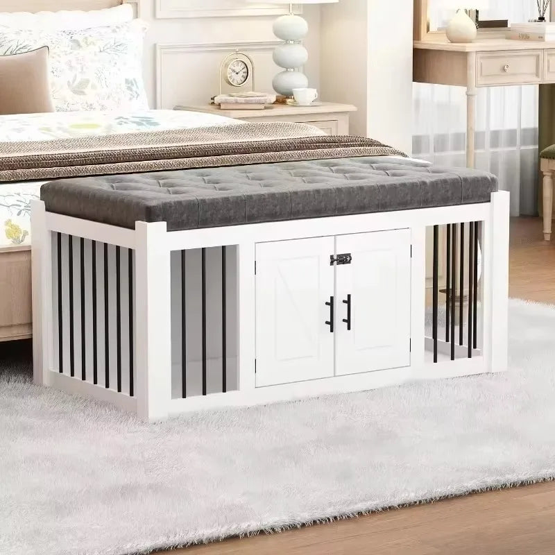 White Dog Crate Furniture for Large Dogs with Cushion