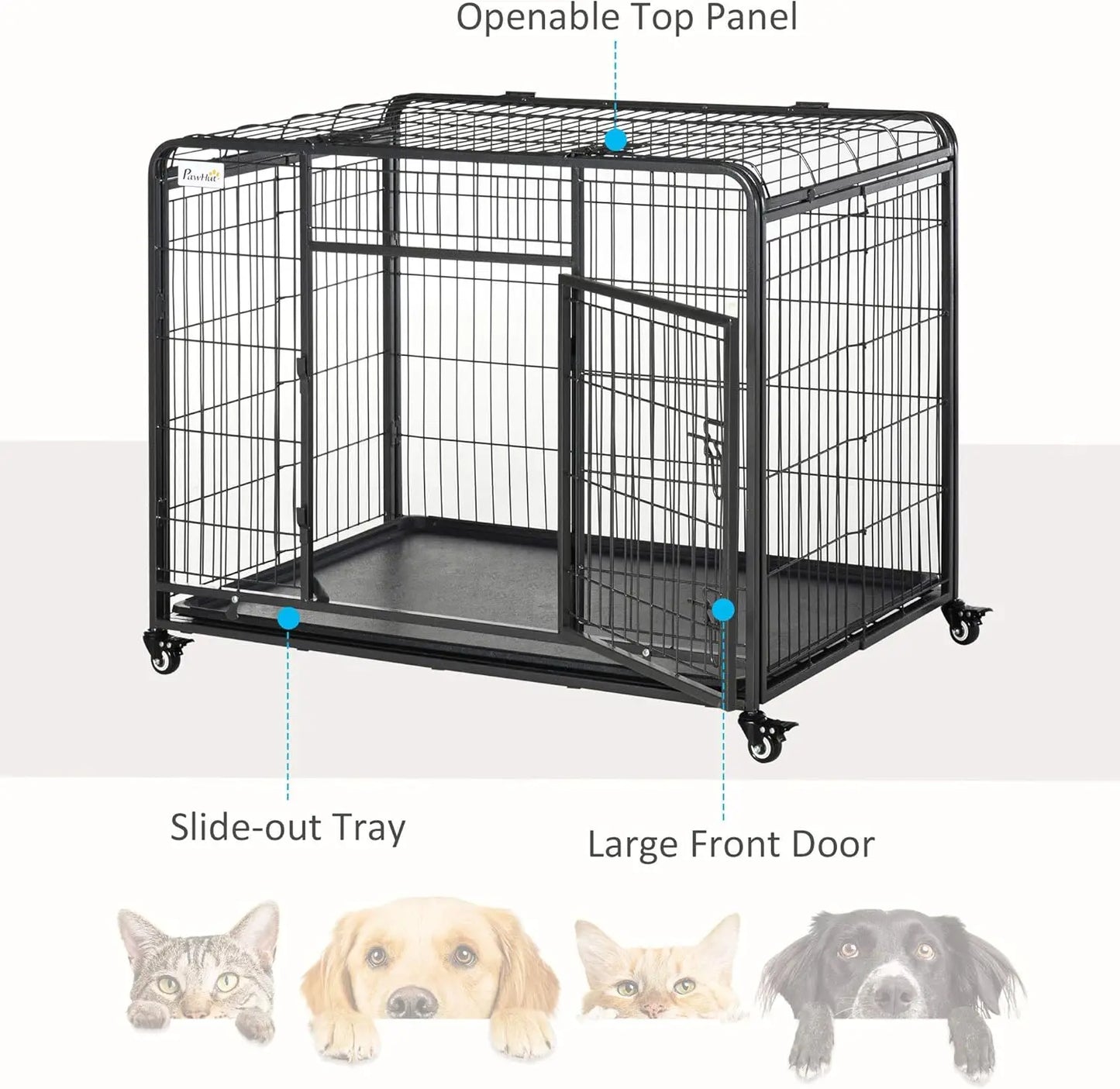 Heavy-Duty Folding Metal Dog Crate with Tray & Wheels, 43"