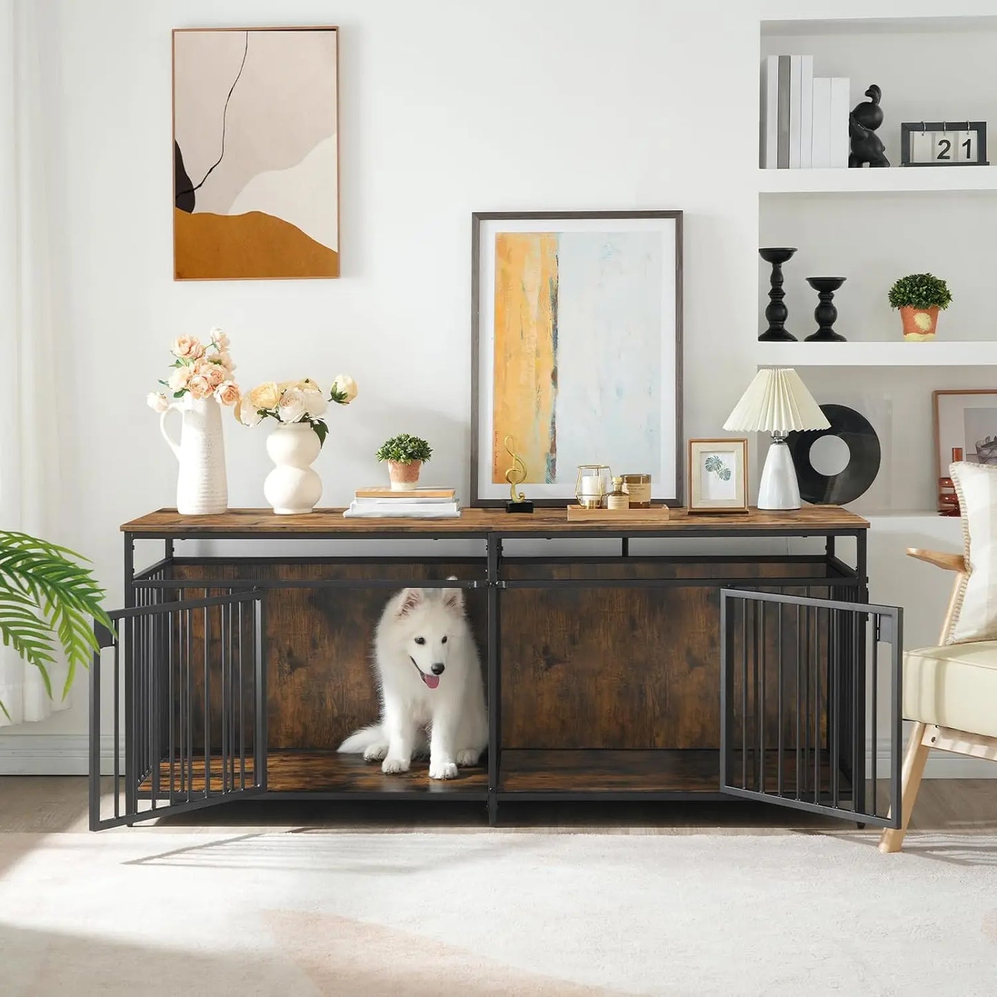 Stackable 2-Door Large Dog Kennel Wooden Crate End Table