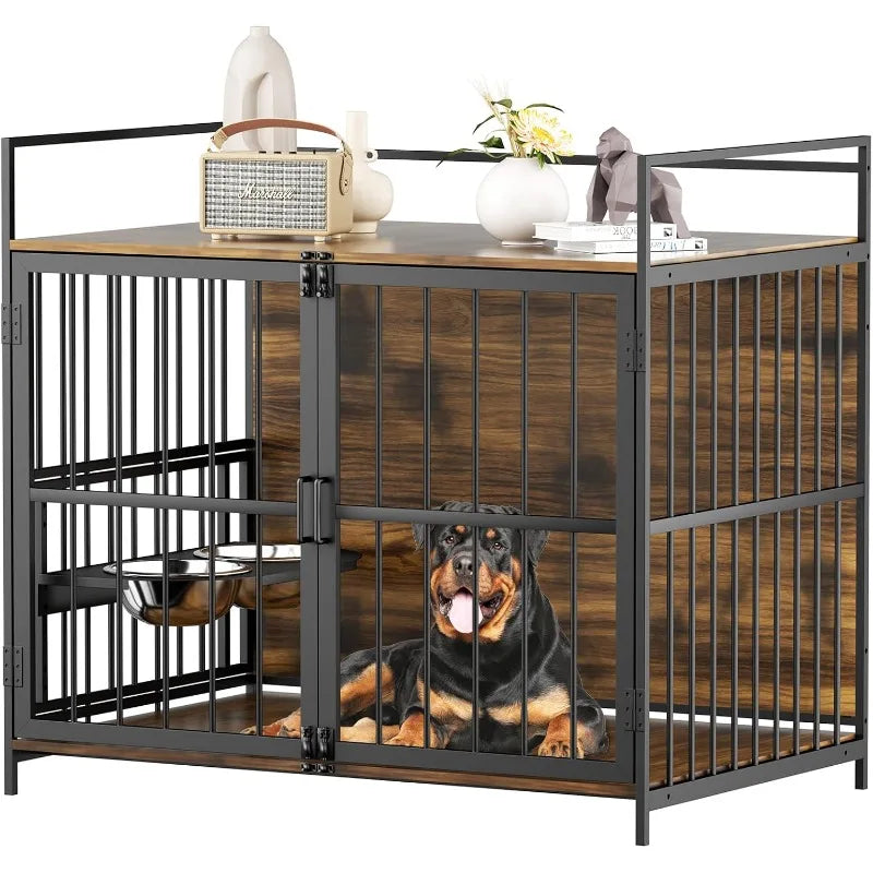 Heavy Duty Dog Crate Furniture for Large Dogs with Stainless Steel Bowls