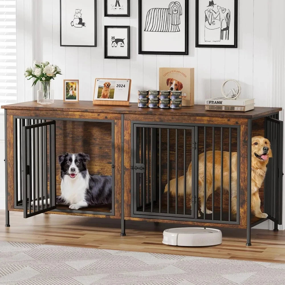 Extra Large Wooden & Iron Dog Crate TV Stand for 2 Dogs