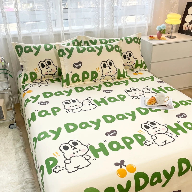 Cartoon Dog Flat Sheet Twin Queen Kawaii Bulldog Puppy Bed Sheet Set 100% Cotton Stripe Paw Print Bed Cover with 2 Pillowcase