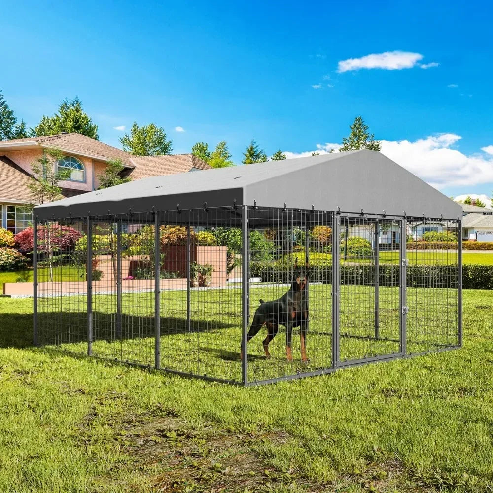 Large Outdoor Dog Kennel, 118" x 118" x 70" - Rustproof Metal Enclosure with UV & Waterproof Roof