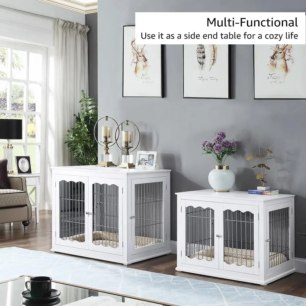 White Dog Crate for Medium/Large Dogs, Modern Decorative Wood Pet House