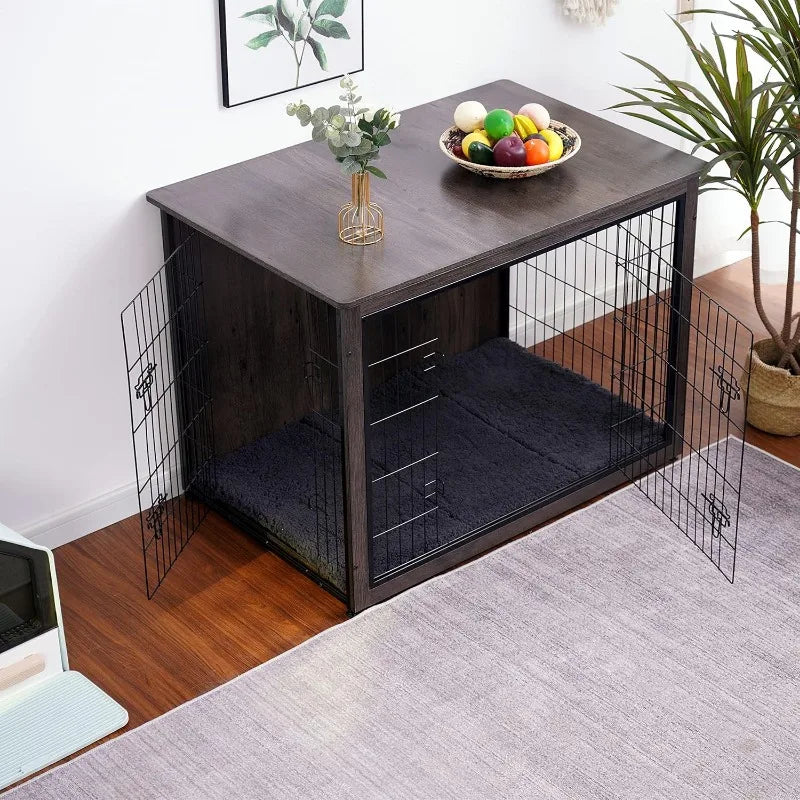 Extra Large Wooden Dog Crate Furniture with Cushion & Double Doors