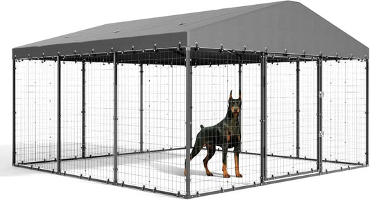 Large Outdoor Dog Kennel, 118" x 118" x 70" - Rustproof Metal Enclosure with UV & Waterproof Roof