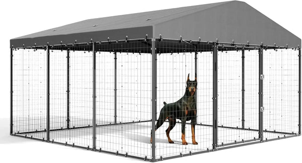 Large Outdoor Dog Kennel, 118 x 118 x 70 - Rustproof Metal Enclosure with UV & Waterproof Roof