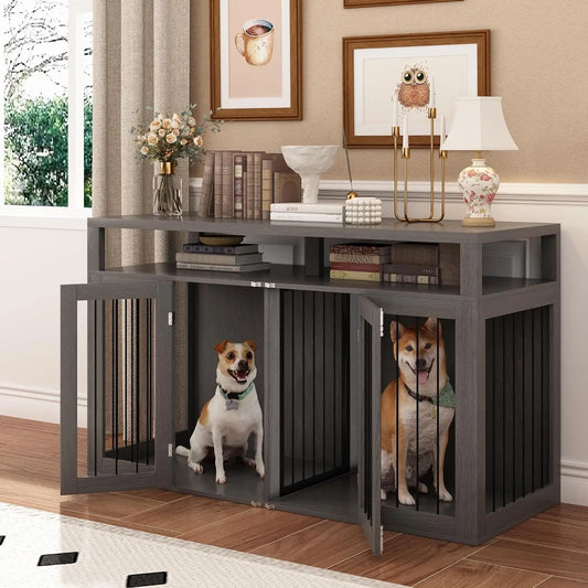 55" Farmhouse Dog Crate with Divider and TV Stand